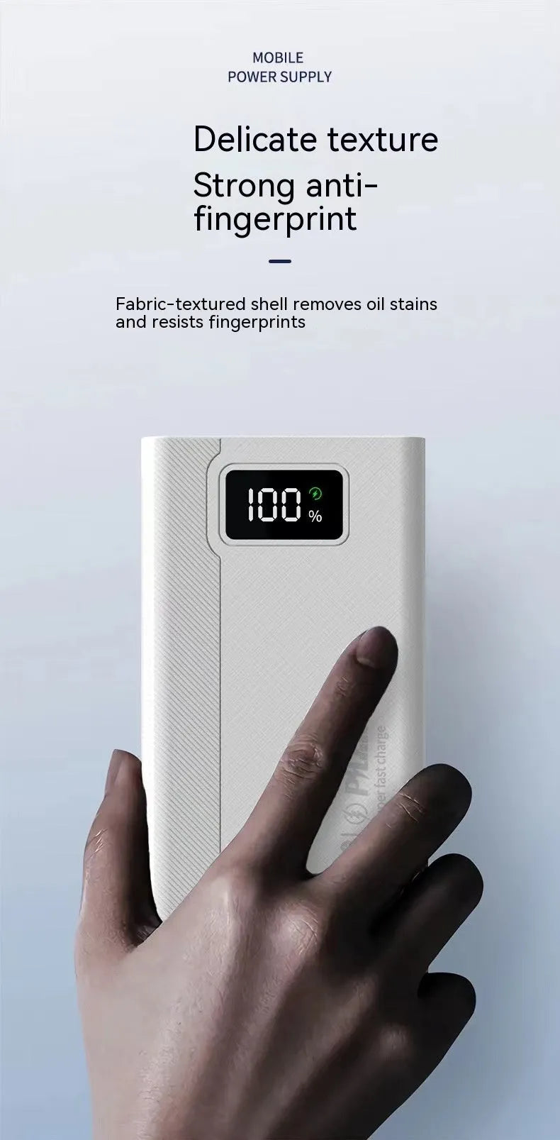 Black or white power bank measuring 150x76mm with capacity options from 20000 to 50000 mAh supporting fast charging