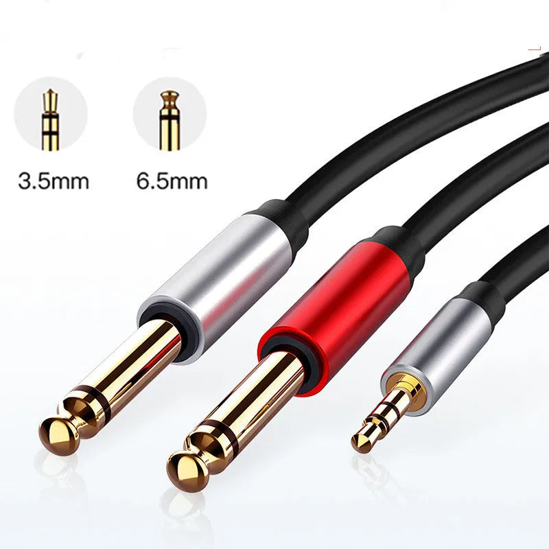 3.5mm to 6.5mm male-to-male audio cable with black sheath and gold-plated connectors.