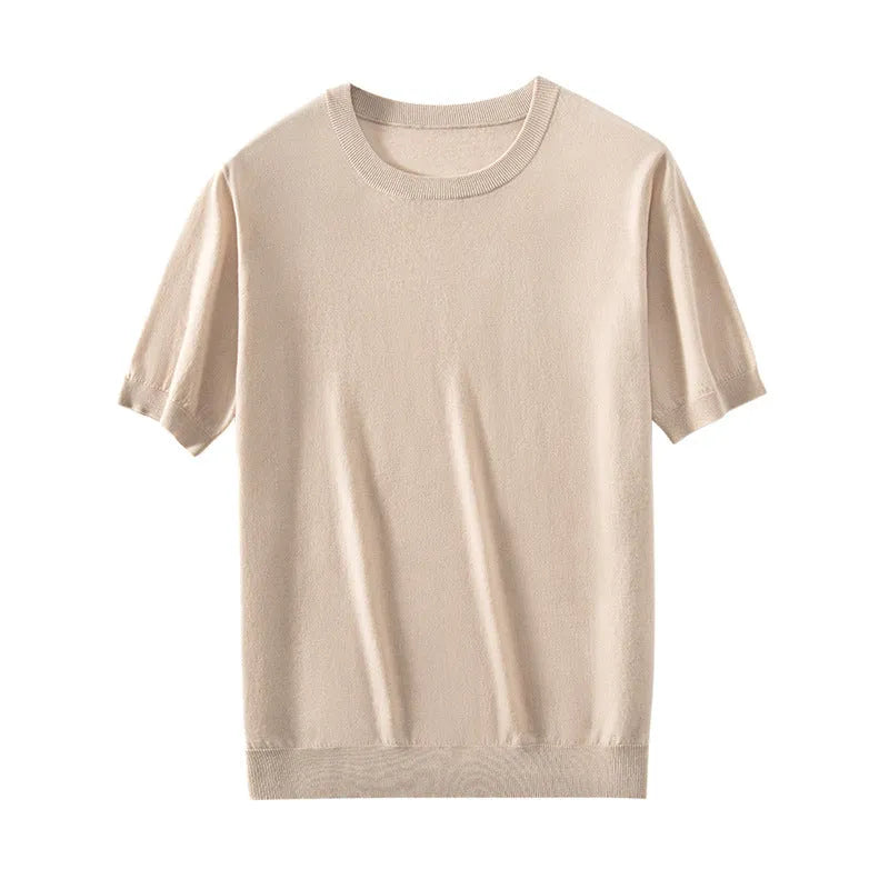 Men's thin knitted wool short sleeve casual shirt in loose fit design