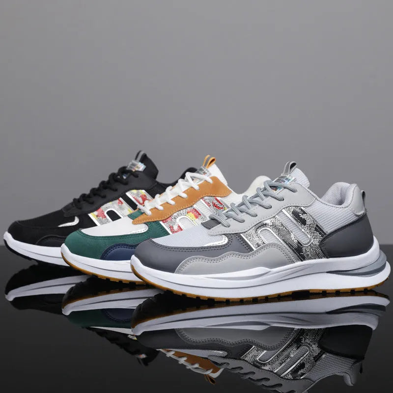 Men's white green mesh sports casual shoes with a leather toe holder on a plain background.