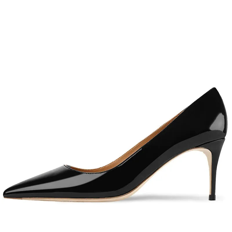 French women's black pointed-toe high-heeled shoes with a soft sole and slip-on kick closure.