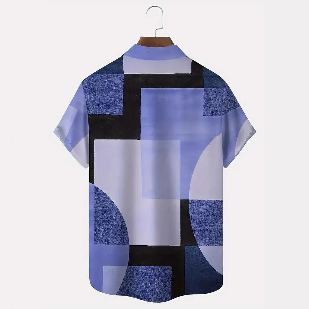 Men's short sleeve cardigan with a retro geometric square pattern in contrasting colours, shown in a loose fit.