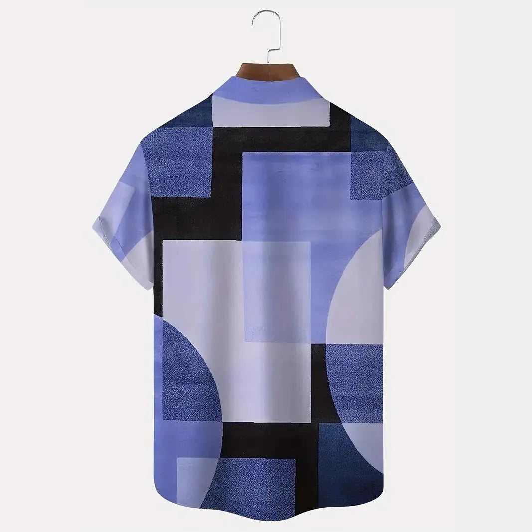 Men's short sleeve cardigan with a retro geometric square pattern in contrasting colours, shown in a loose fit.