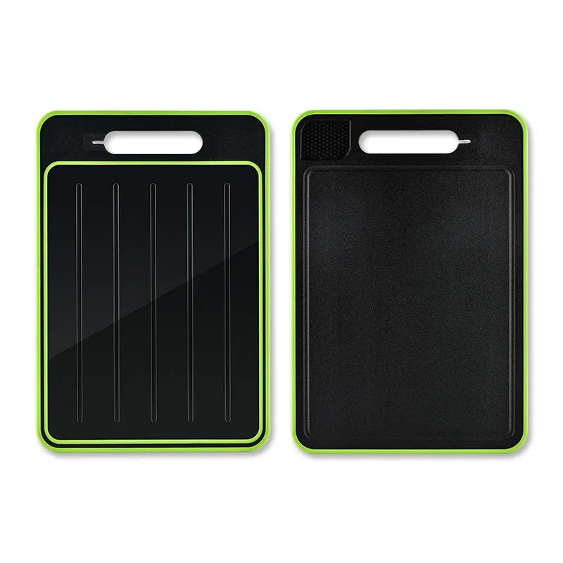Grey square aluminium cutting board with double sides, grinding teeth, and integrated knife sharpener