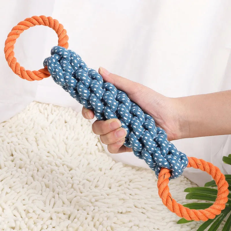 Blue double-ring braided bone dog chew toy made from cotton cord for tooth cleaning
