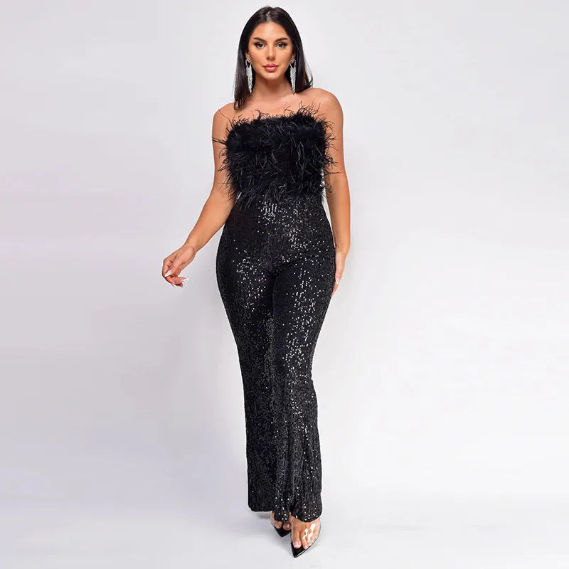 Women's black sleeveless backless jumpsuit with flared legs and sequin detailing, showing front and back views
