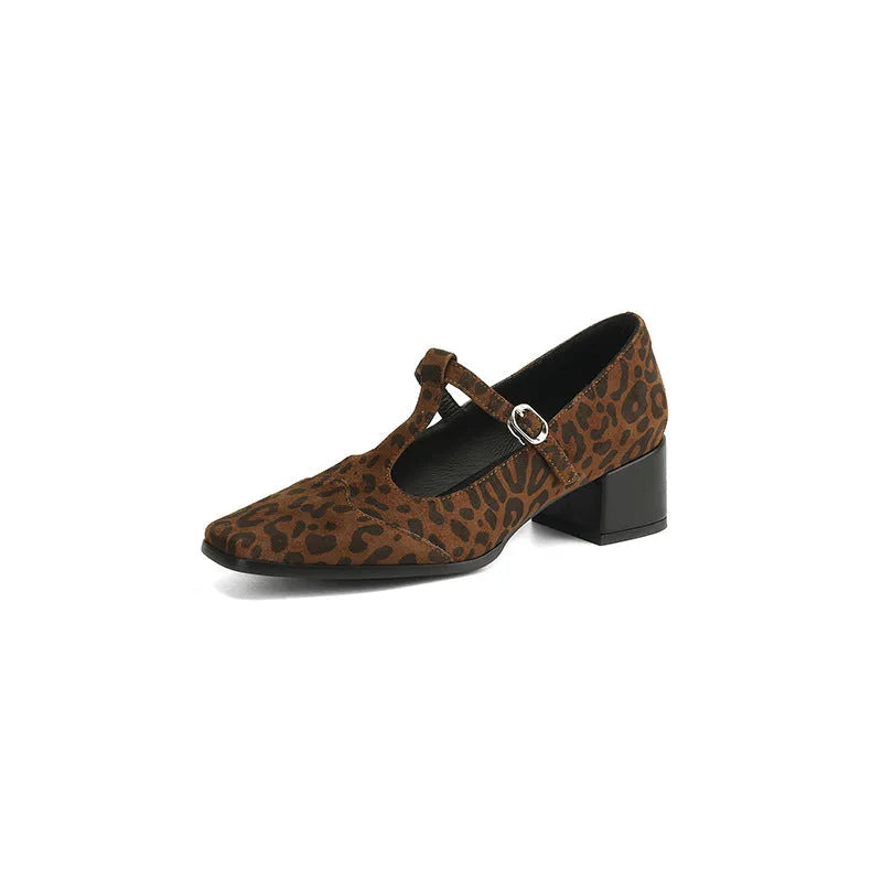 Chunky heel pumps with square toe, 3-5cm mid heel, available in black, silver, and leopard print, sizes 34-40