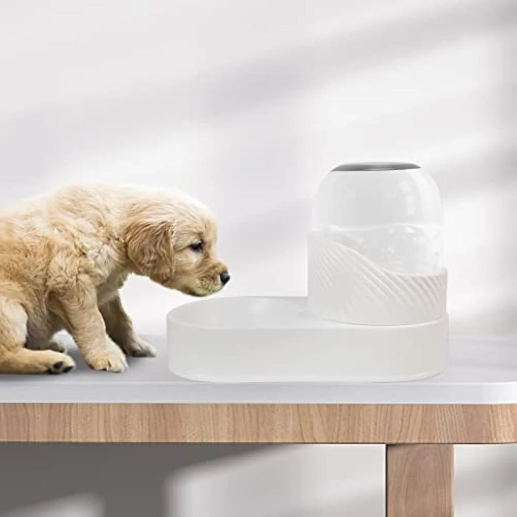White gravity cat feeder and water dispenser set with wave-shaped design, disassembled showing cleaning access