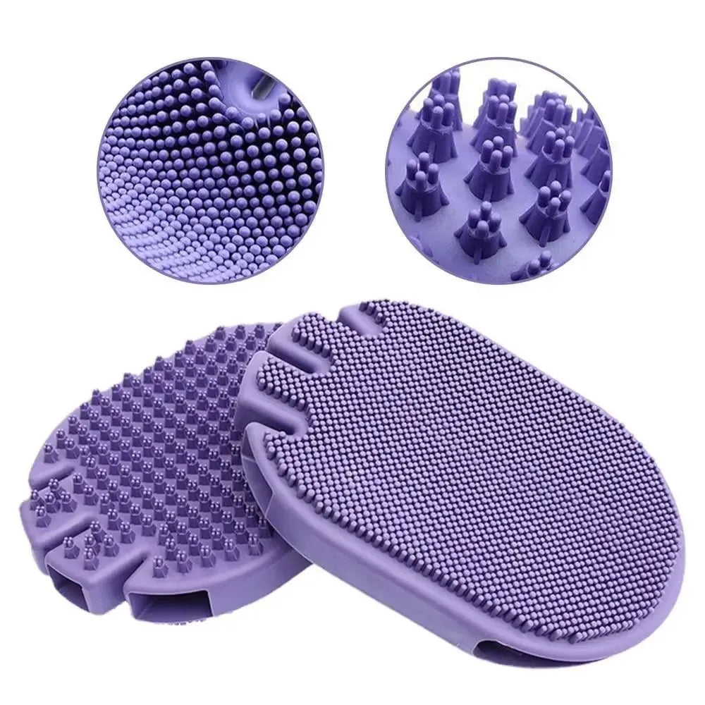 Purple pet shampoo massage brush with soft TPR bristles and ergonomic handle for dog and cat grooming