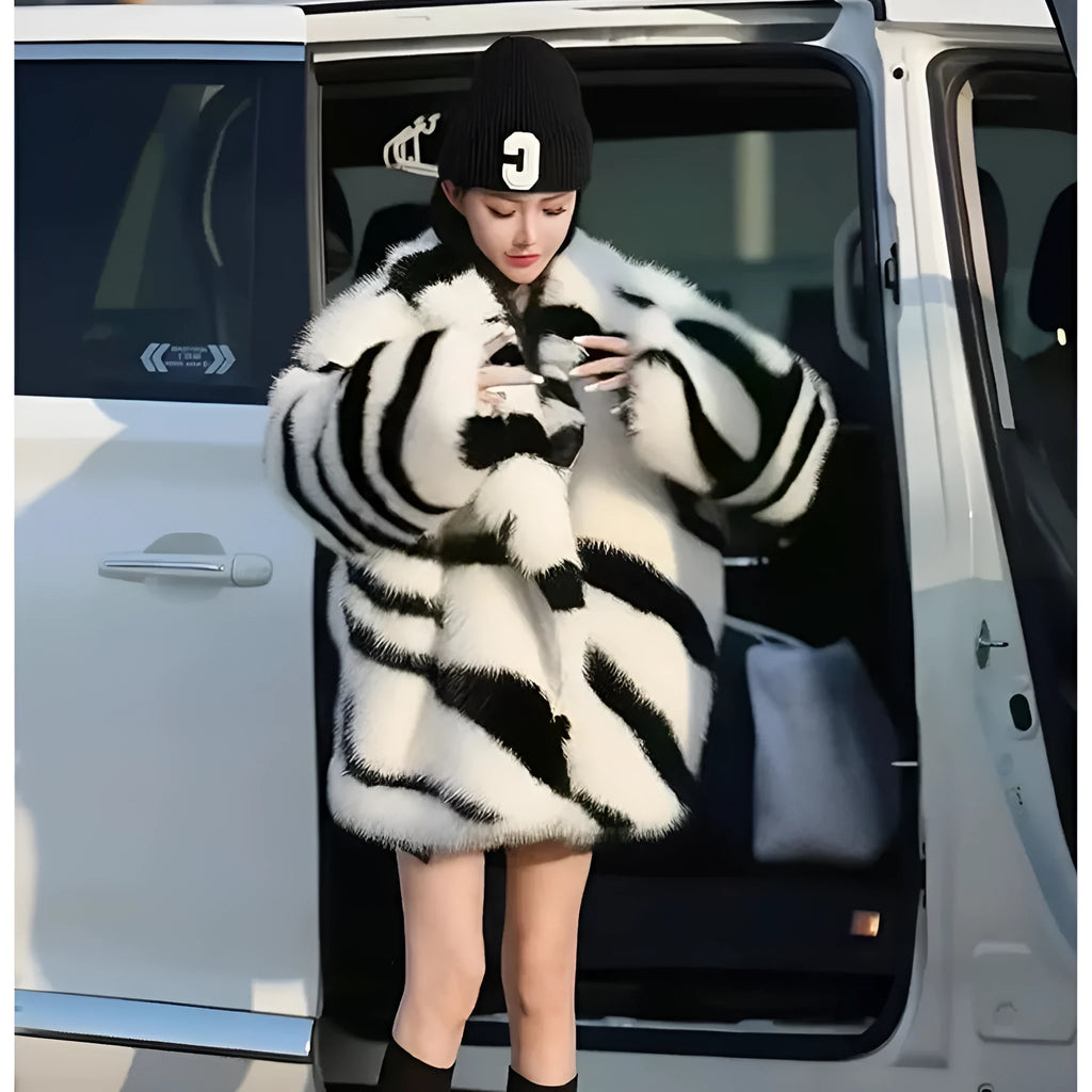 Zebra stripe women's long sleeve top with skimmer collar in polyester fur fabric