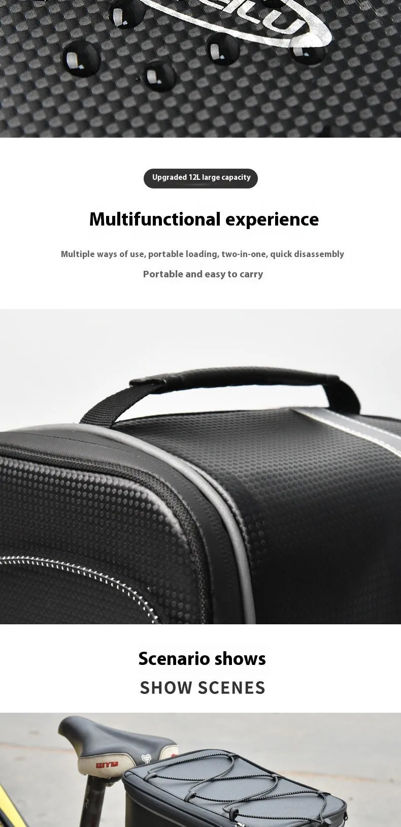 Black PU leather backseat bag for electric cars with 12L capacity for bicycle gear transport