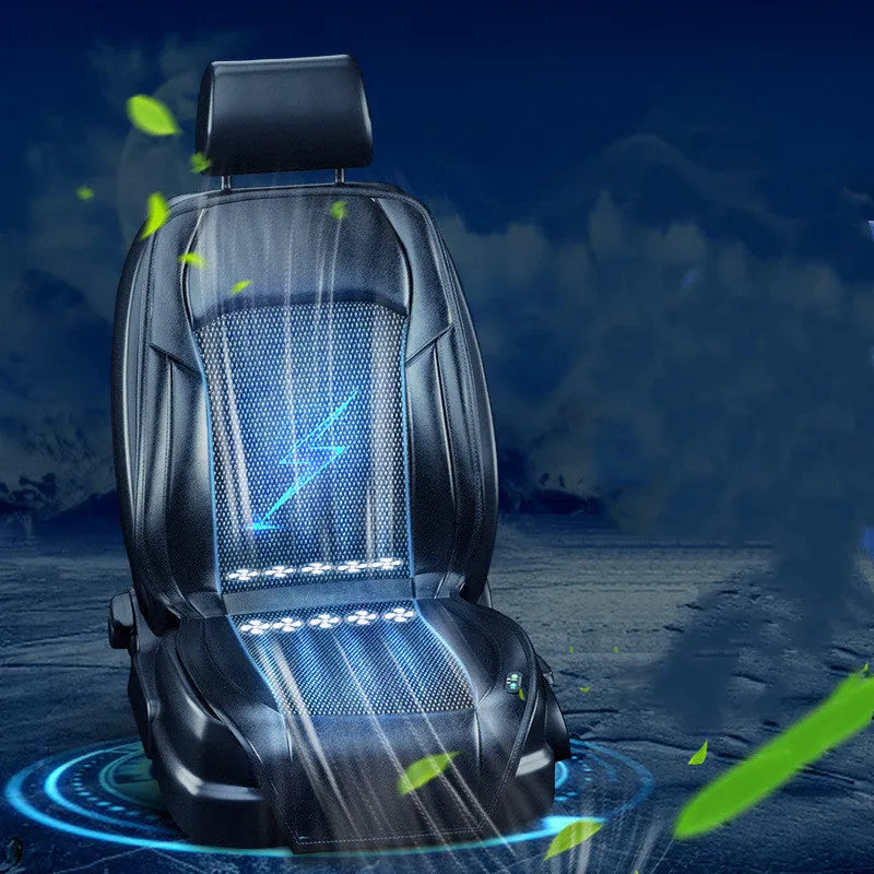 Ventilated car seat cushion with built-in fan system in black colour, connected to vehicle cigarette lighter socket