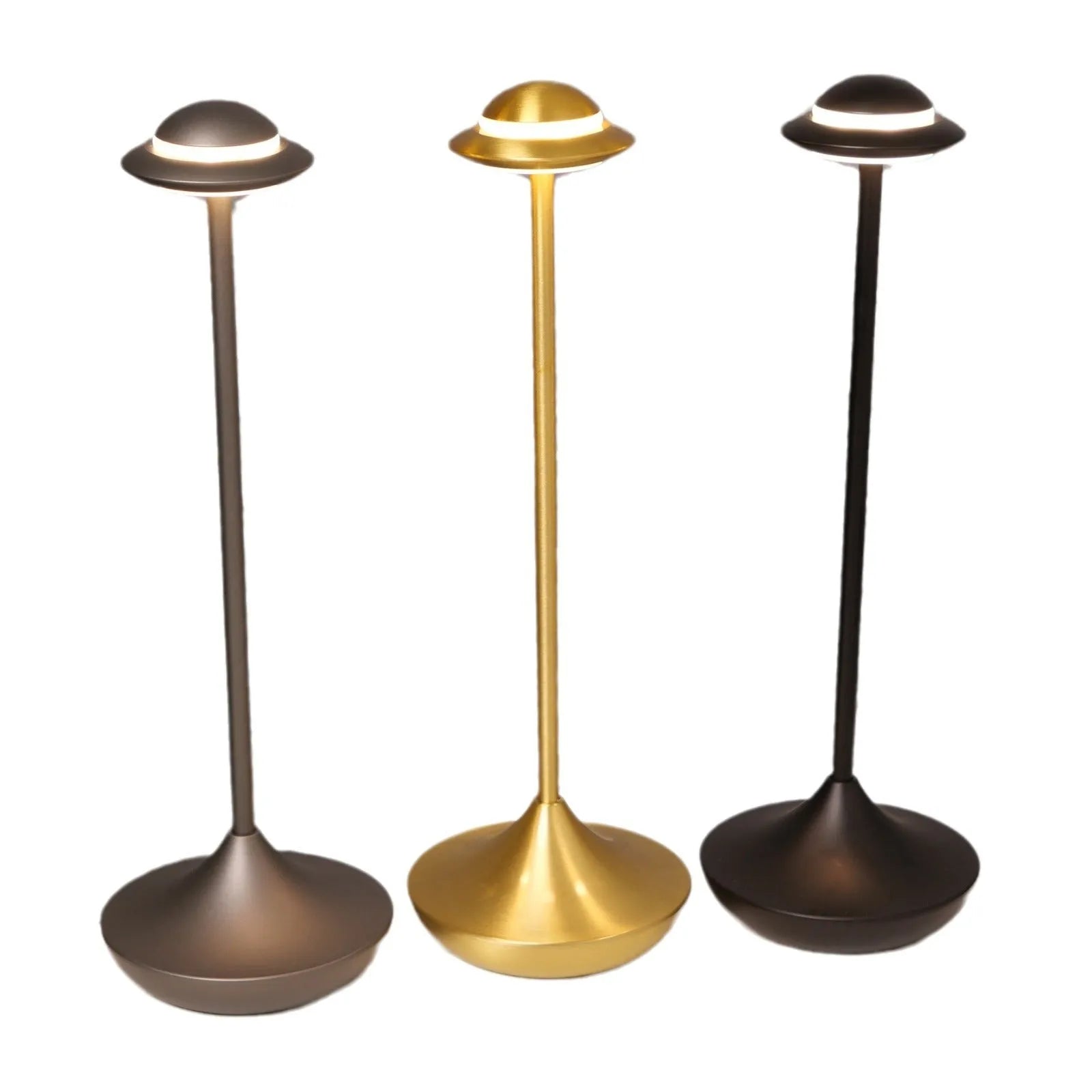 UFO Table Lamp in black with touch dimming panel and rechargeable design on a wooden desk