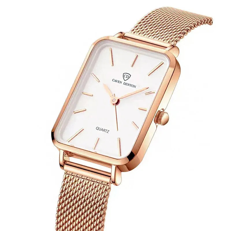 Women's waterproof quartz watch with rose gold finish, showing 34mm alloy case and woven steel strap