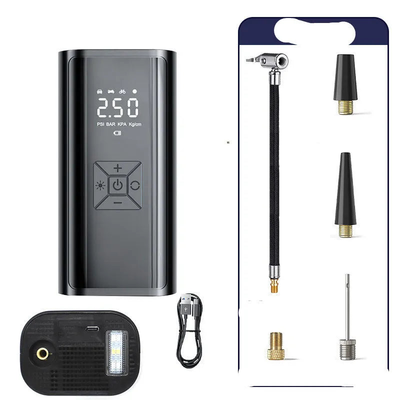 Portable wireless digital display electric car tyre pump with pressure gauge and multiple power connections