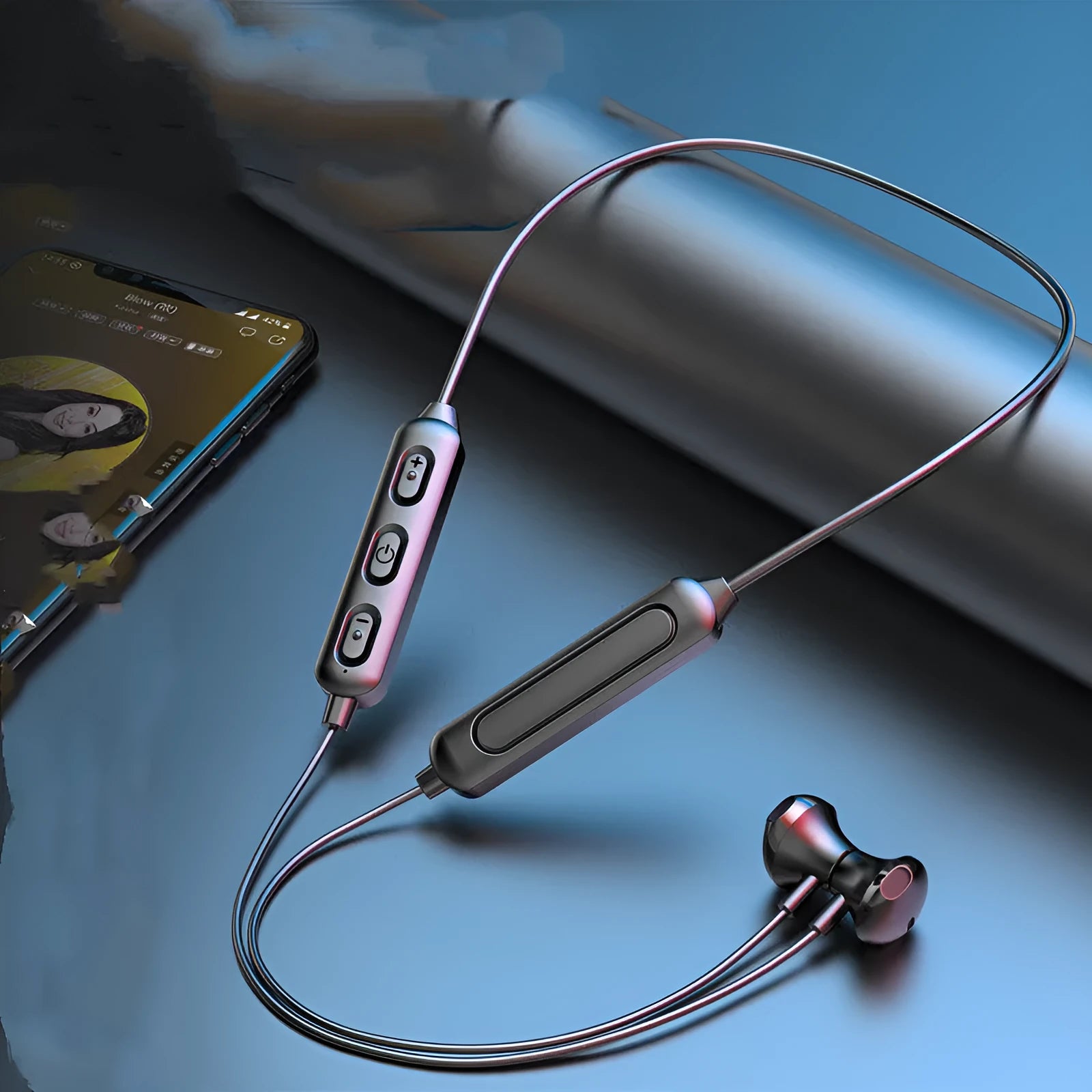 Black neck-mounted wireless sports earphones with Bluetooth 5.0 and neck-hanging design for active use
