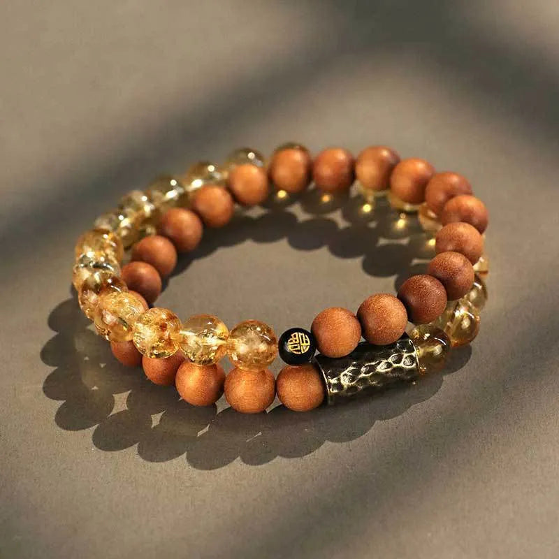 Handcrafted yellow tower crystal double ring bracelet with Barbie tan stones and retro styling