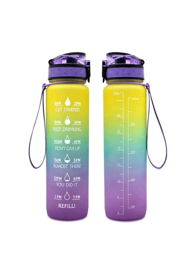 Clear 1000ml Tritan sports water bottle with blue lid and infuser inside, showing measurements.