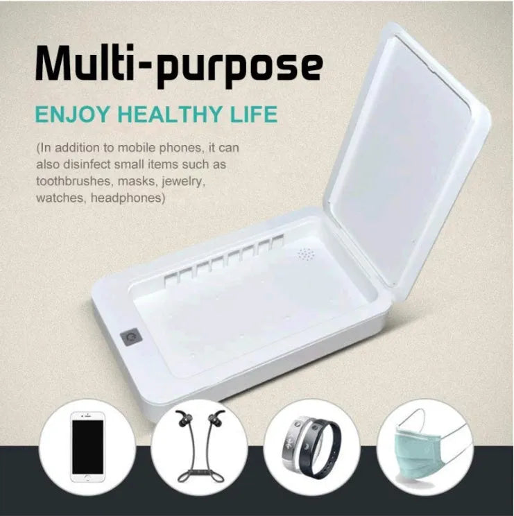 Blue UV phone steriliser box open, showing internal chamber for a mobile phone.
