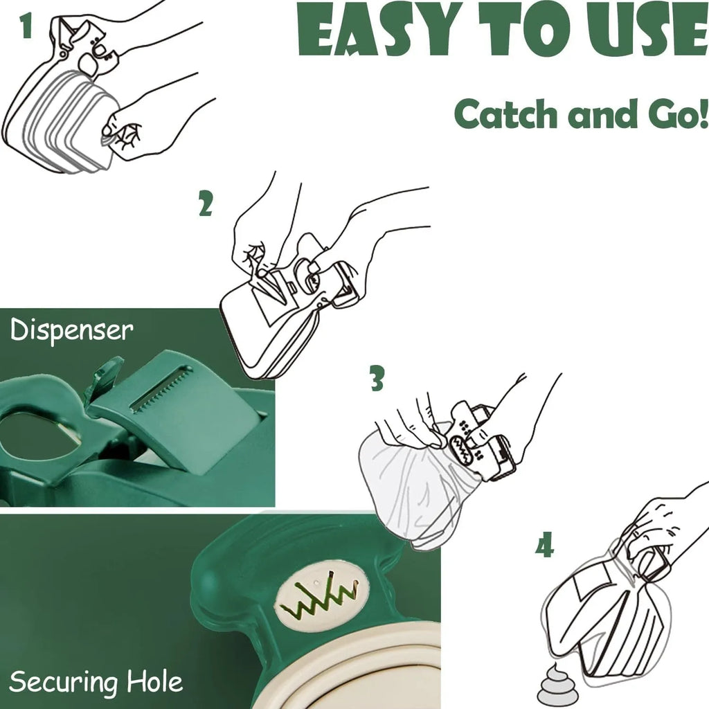 Portable pooper scooper with carabiner clip, expandable storage compartment, and integrated waste bag dispenser for dog waste cleanup