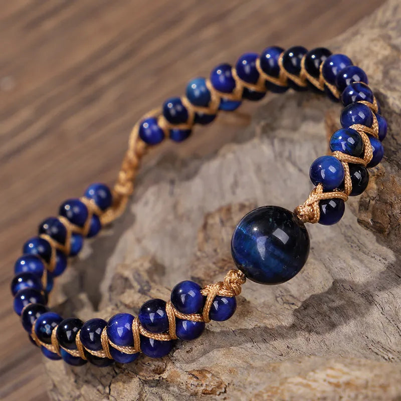 Hand-woven adjustable pull bracelet with 8mm blue tigereye or amethyst beads in geometry pattern