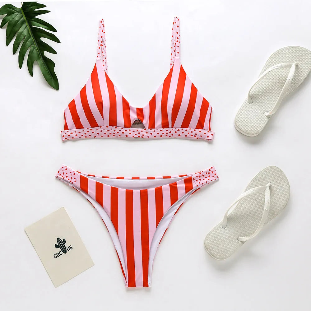 Women's polyester bikini in black and white dots or red and white stripes, sizes S to XL for swimming