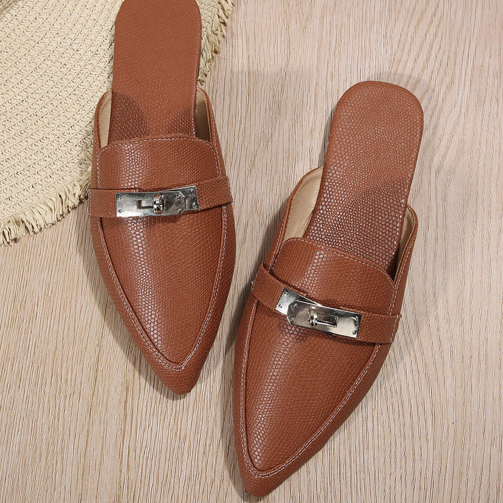 Light brown women's pointed-toe semi-slippers with a low heel and rubber sole.