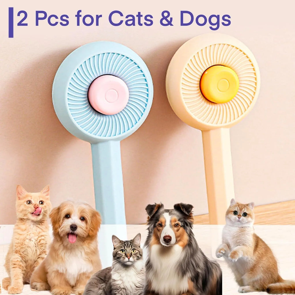 Blue and yellow cat grooming brush with self-cleaning button, measuring 170x80x45mm