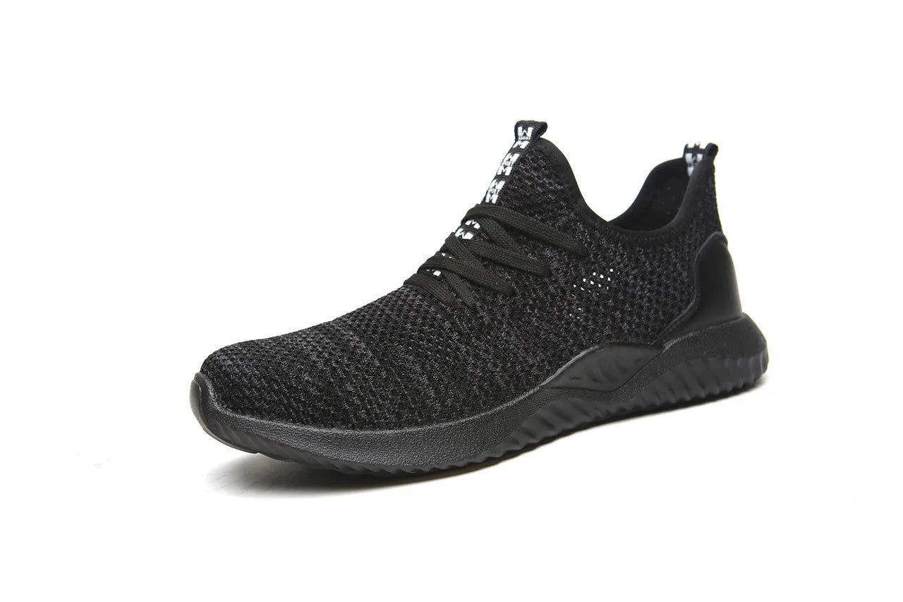 Steel toe cap safety shoes in black with EVA midsole for shock absorption, low-cut design