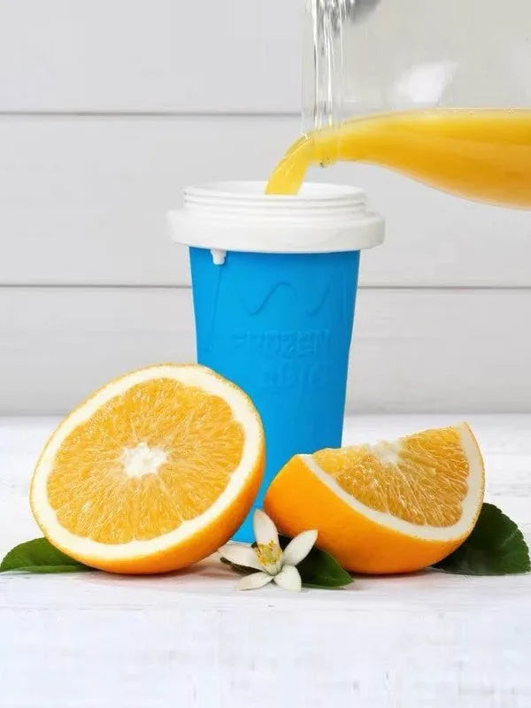 Blue silicone slushy cup with double-layer construction for making frozen drinks without electricity