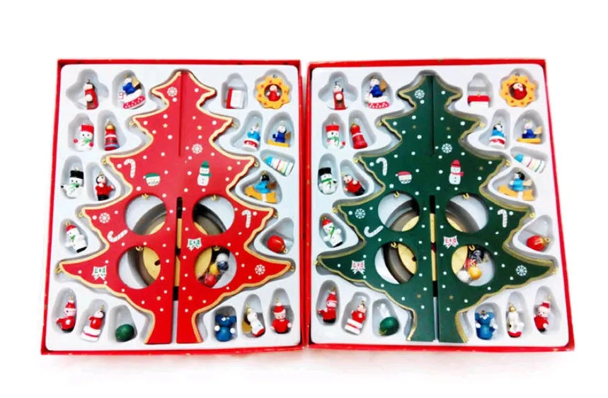 Hand-painted wooden Christmas tree decoration in red or green, 36cm tall, on a desktop