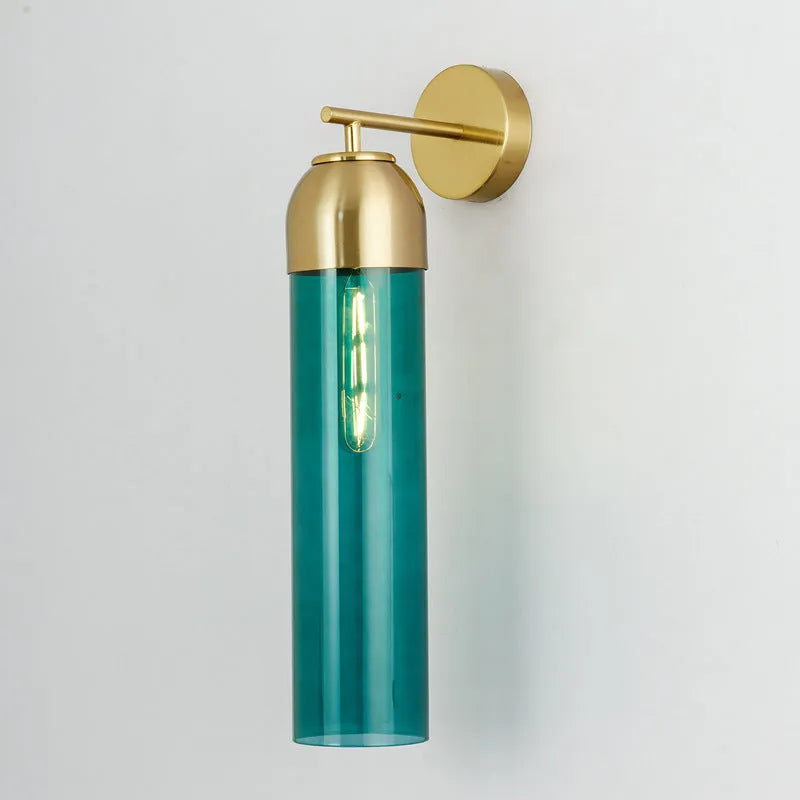 Nordic postmodern glass wall lamp in a modern living room setting, showing amber glass shade.