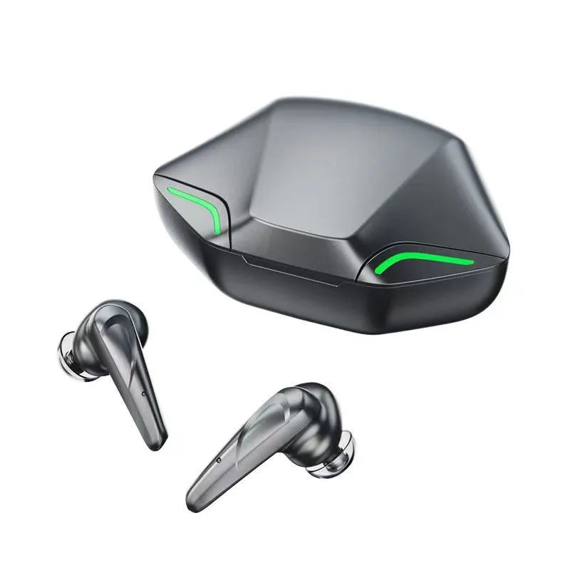 Wireless Bluetooth gaming headset with black earpieces, charging cabin, and accessories on grey background