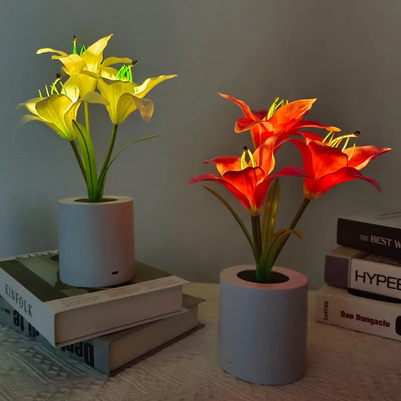 Rechargeable LED lily flower pot lamp in lily-white or lily-pink, flower-shaped ambience light with 300W rating
