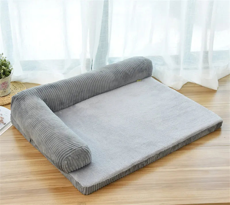 Corduroy pet sofa bed in grey with high-density sponge padding and non-slip base, size L for pets under 60 kg