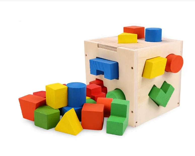 Pine wood matching intelligence box cube toy for ages 1 to 3 years, 530g, in a colour box.