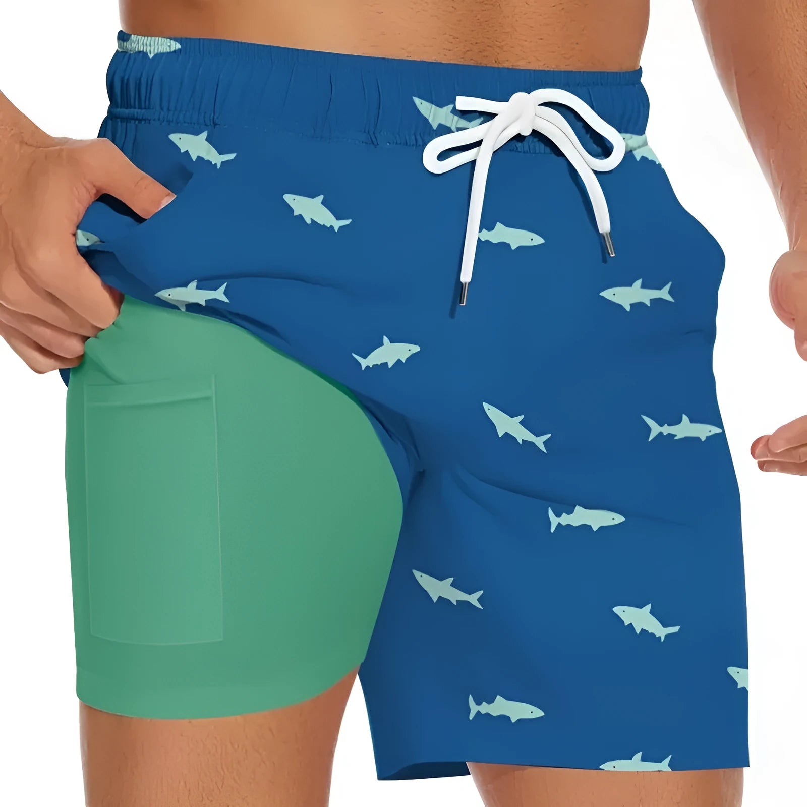 Men's shark print beach shorts with drawstring waist in straight cut design