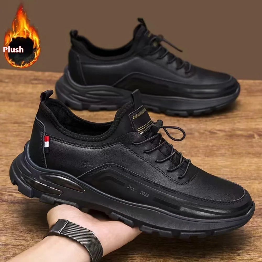 Men's black fleece lined waterproof sneakers with synthetic leather upper and rubber sole