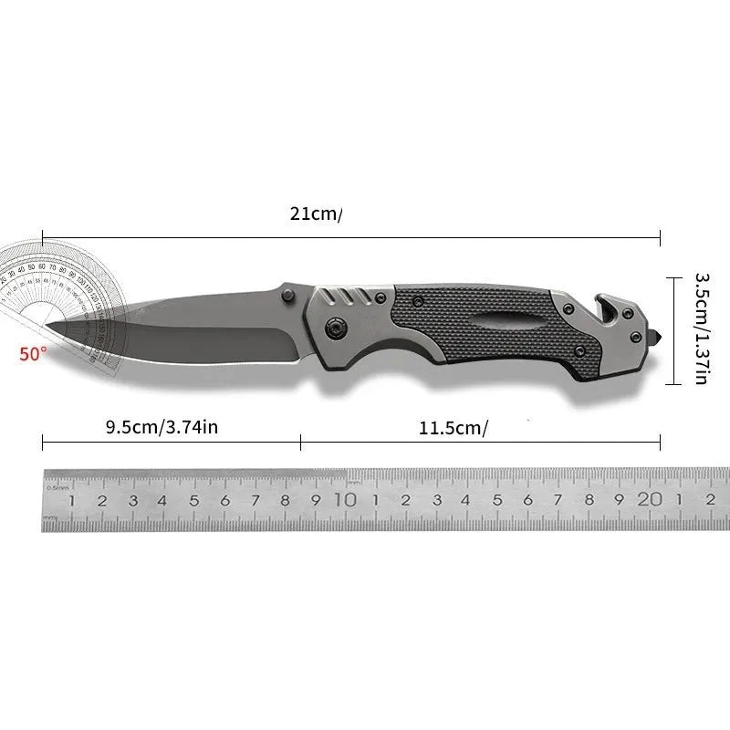 Outdoor folding knife with alloy handle showing 60-degree blade tip angle and compact folded size