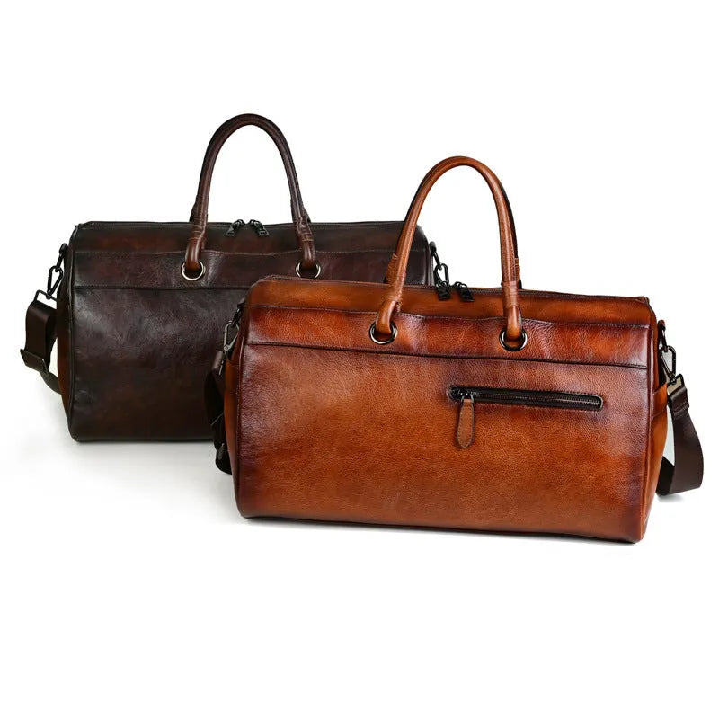 Brown retro style leather handbag made from first layer cowhide with large capacity.