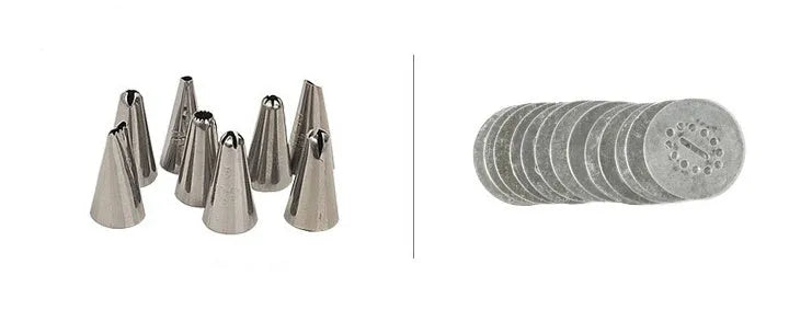 Stainless steel biscuit press gun with assorted cookie moulds and piping nozzles on a baking tray.