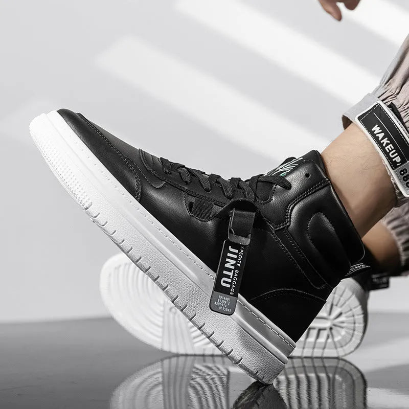 Men's Korean style short boots in artificial PU, shown in black and white, sizes 39 to 44