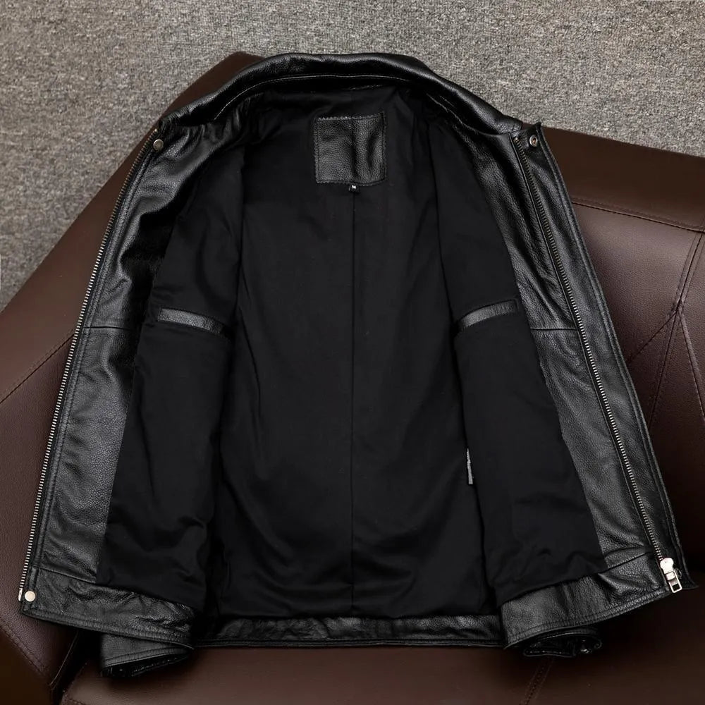 Lapel short PU leather jacket with side pockets in black or brown, loose fit for plus sizes