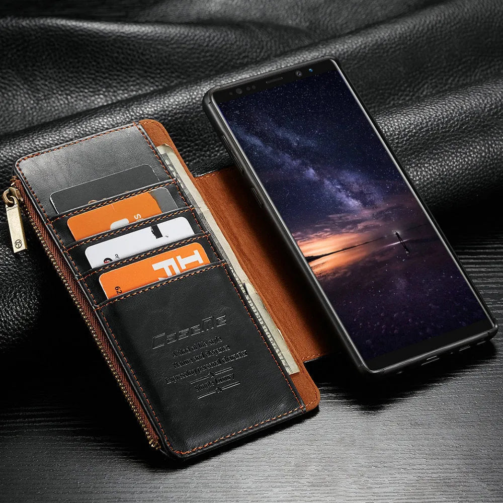 Samsung Note9 leather flip case in black showing PU leather construction and flip design