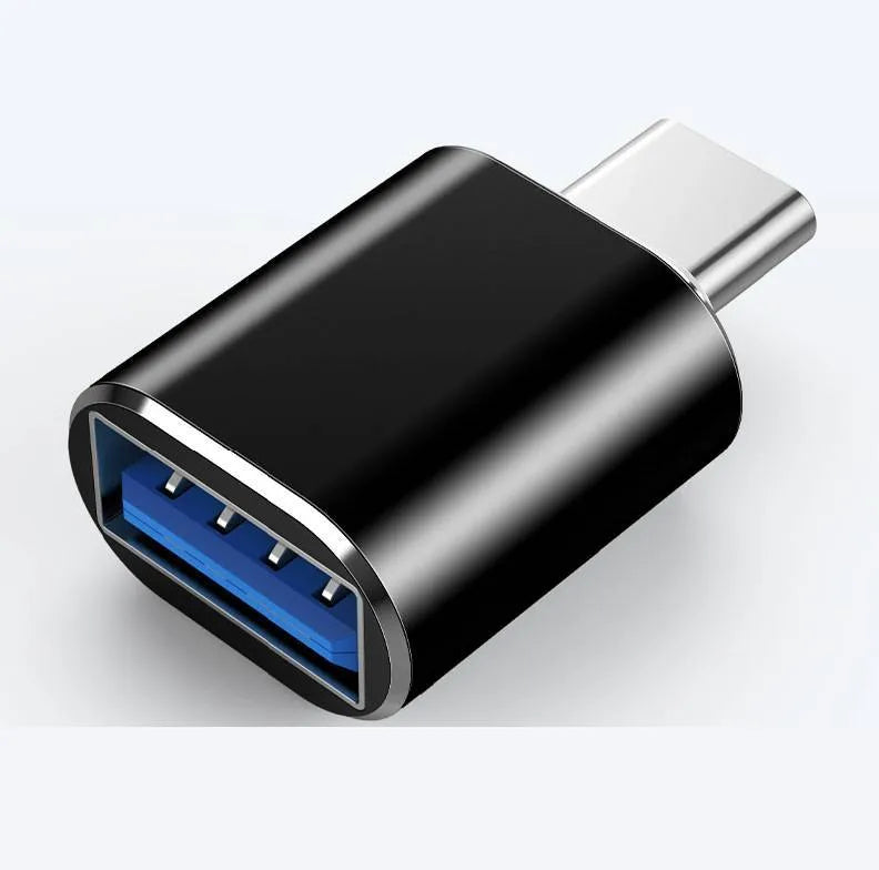 USB Type-C to USB-A OTG adapter shown in black, silver, and gold colour options.