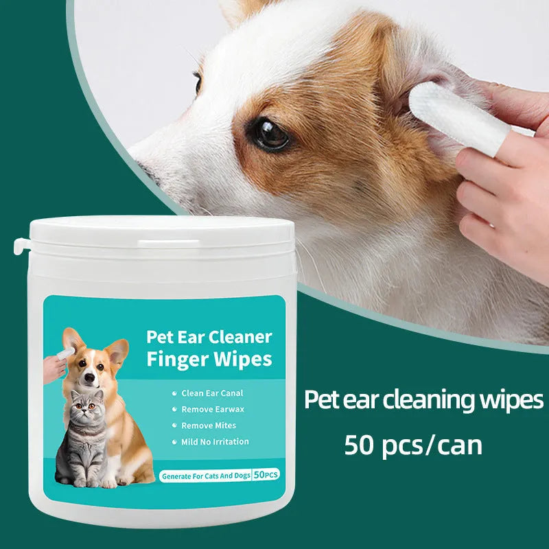 Box of disposable pet cleaning wipes showing ear and tooth wipes with fingertip design for cats and dogs