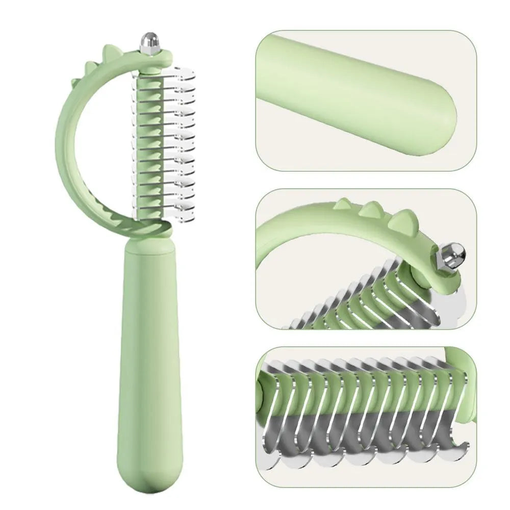 Blue dinosaur-shaped cat brush with stainless steel bristles for grooming and self-cleaning function