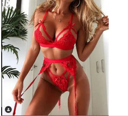 Red and white lace doll-style lingerie set for women, shown on a hanger.