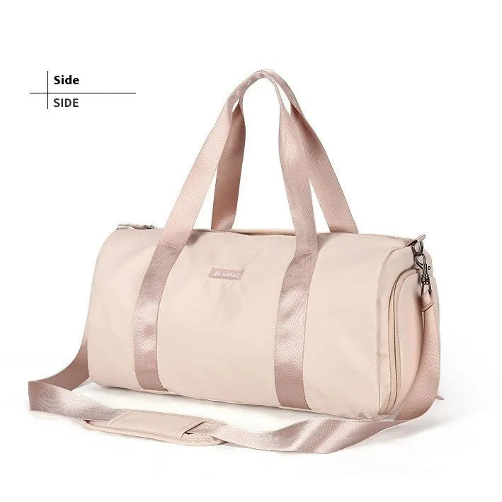 Beige nylon sports rucksack with contrast colour design and letter pattern showing interior