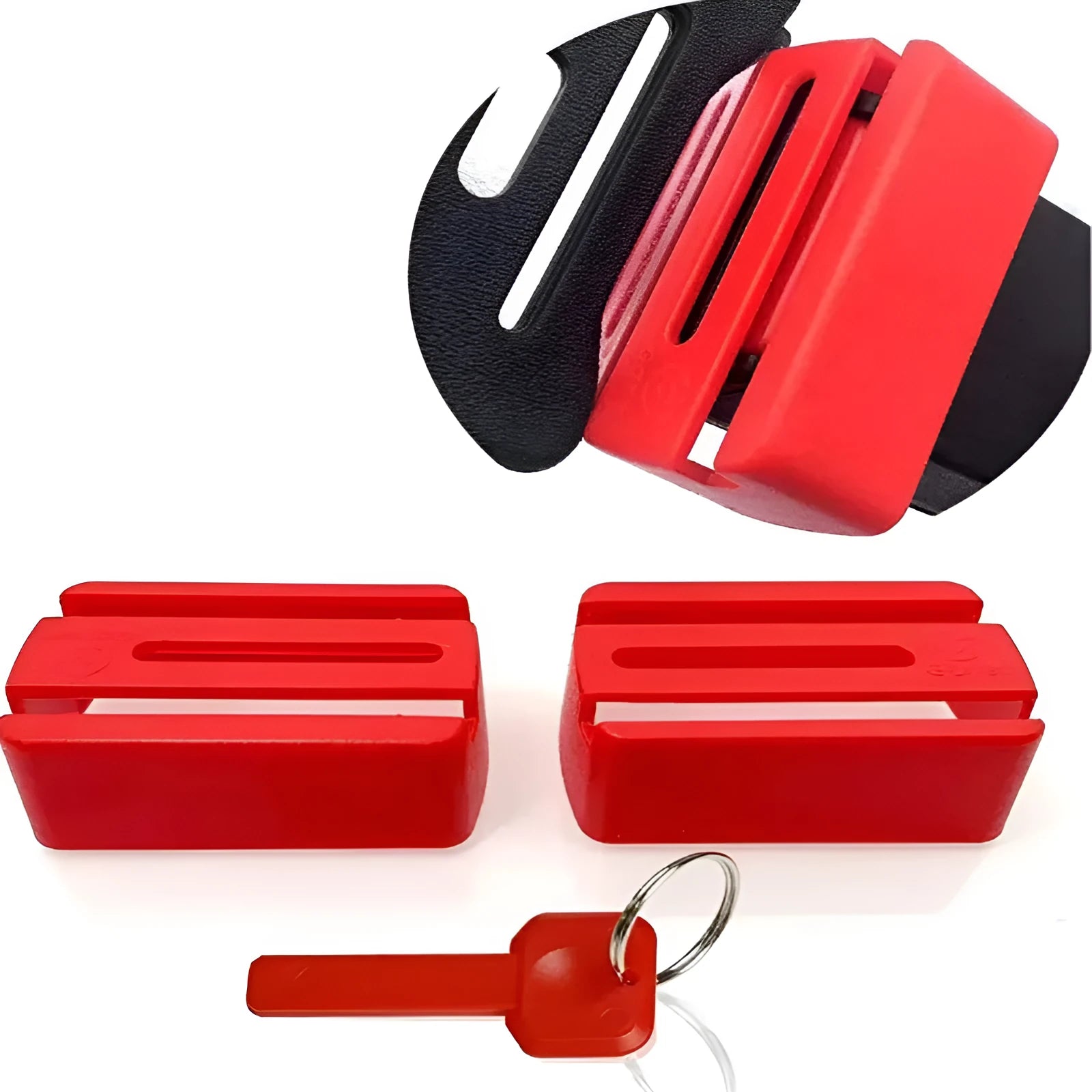 Seat belt buckle protective device in plastic ABS material shown in black and red colour options